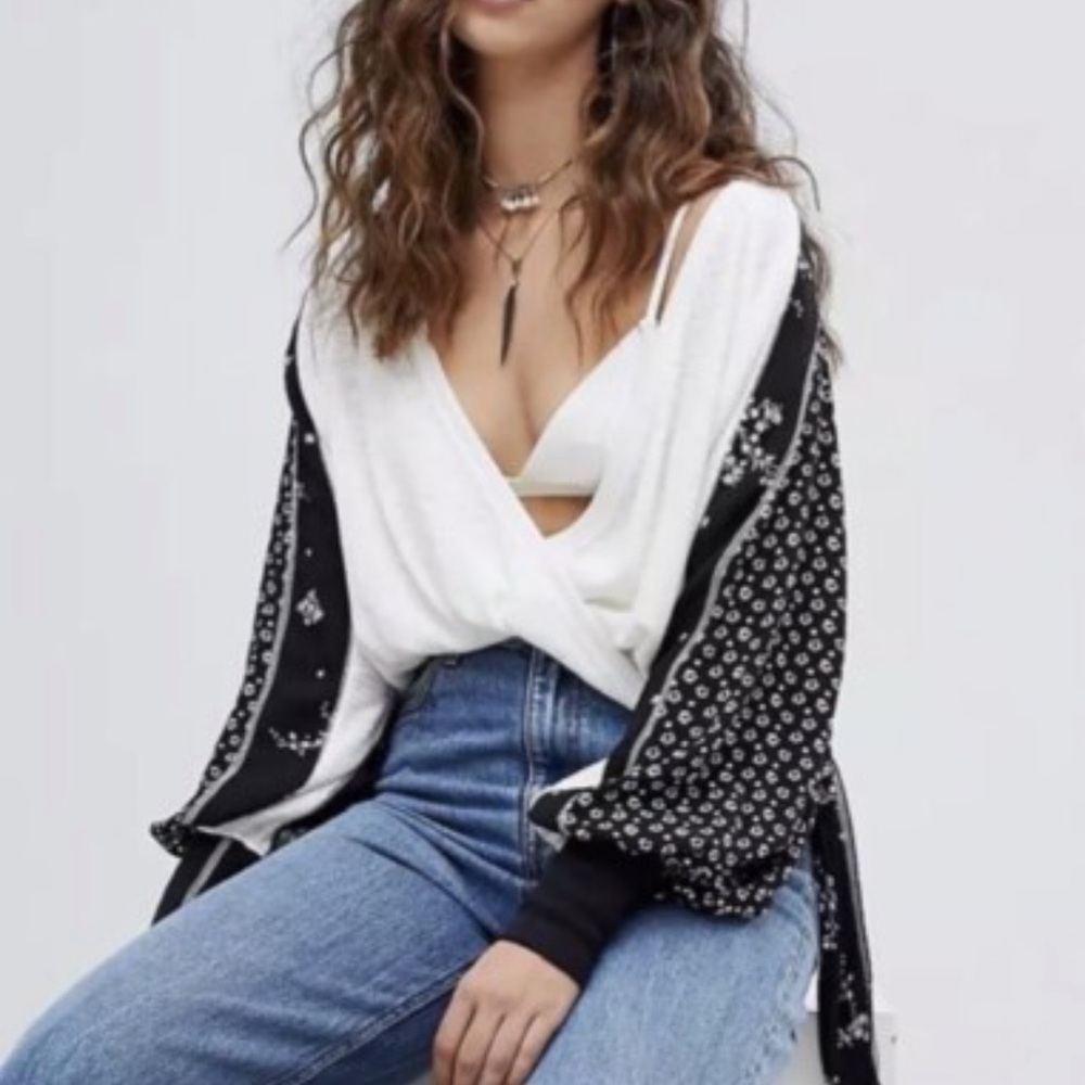 Women’s White Surplice V-Neck Top with Black Printed Sleeve Detail